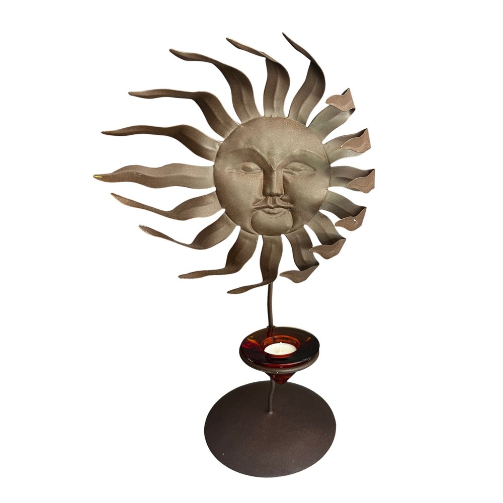 Zodax Sun Face Candle Holder 18in Bronze Metal Amber Glass Votive Celestial